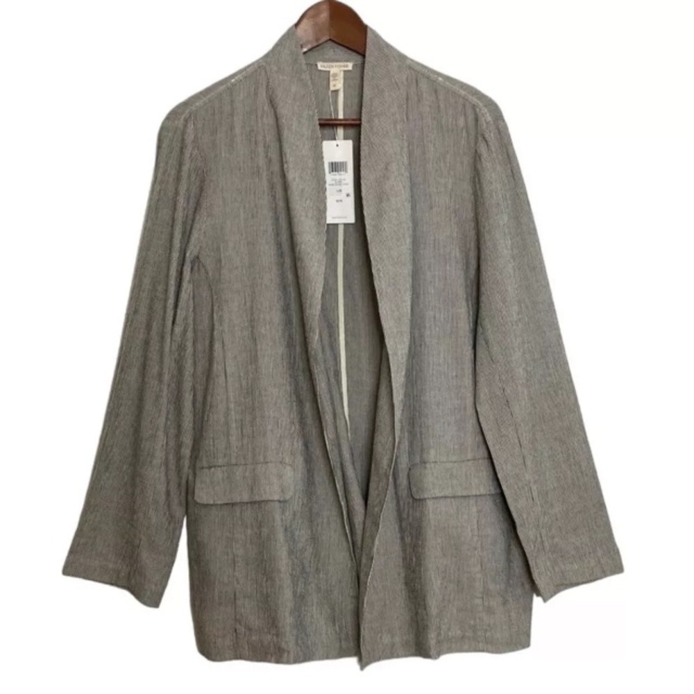 Eileen Fisher Jacket Womens Large Gray Stripe Cotton Linen Unstructured